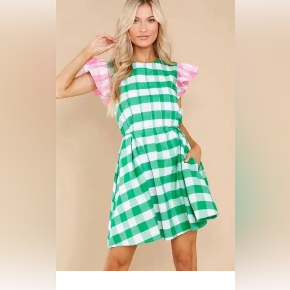 Aura Green & Pink Gingham Dress